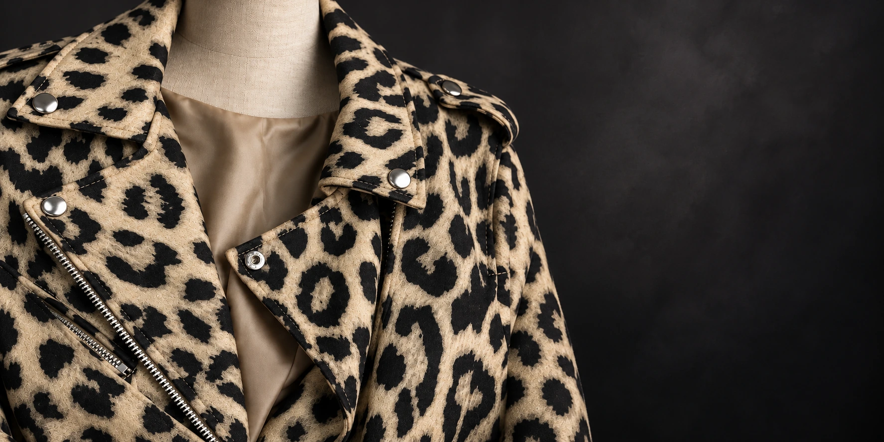 Detalle de campera animal print con cierre y broches plateados.