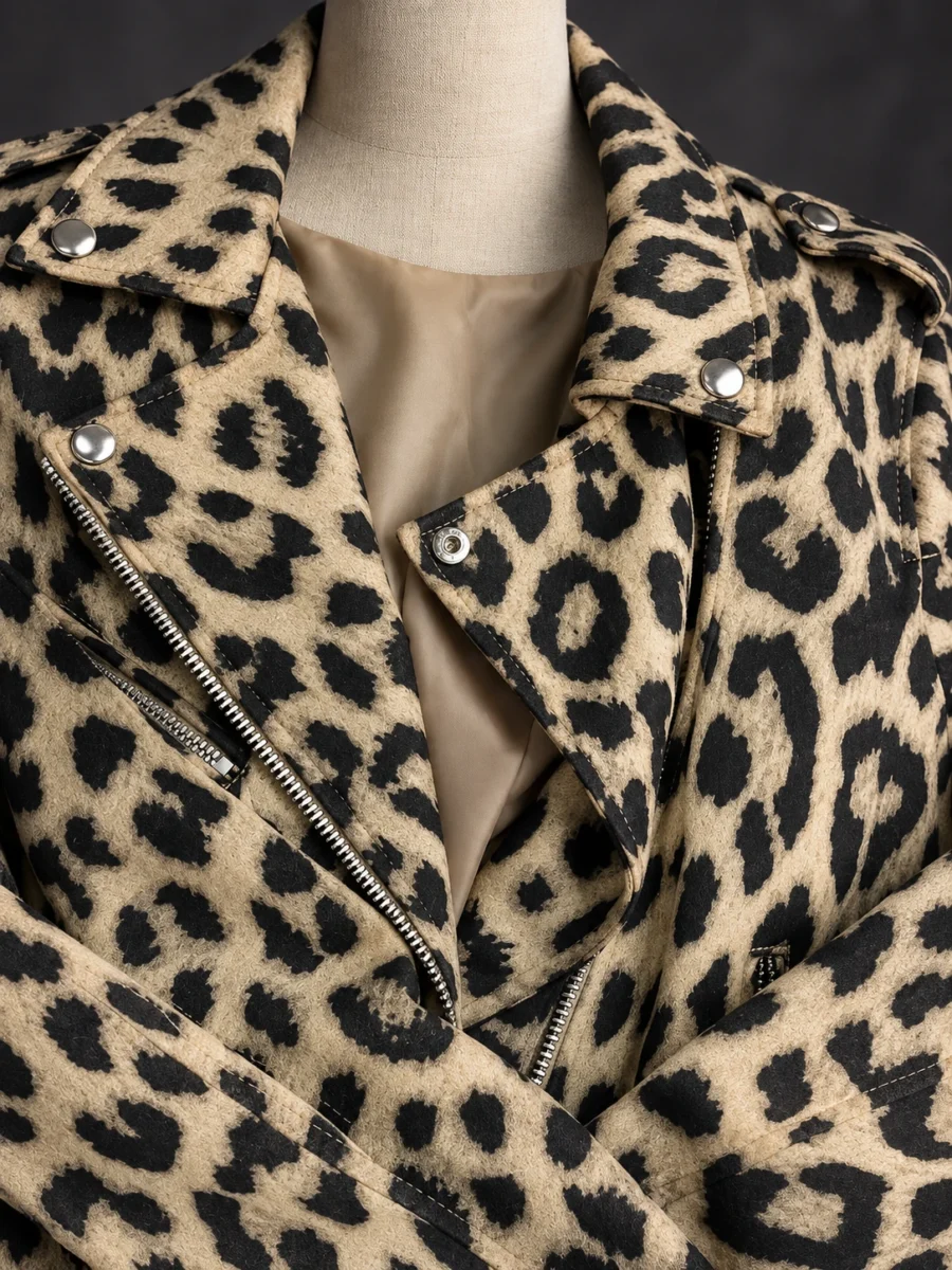 Dehli · campera animal print con cierre y broches plateados